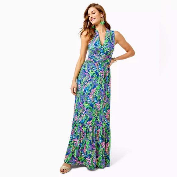 Lilly Pulitzer Dresses & Skirts - Lilly Pulitzer Multicolor Tropical Print Maxi Dress - Blue, Green, Pink